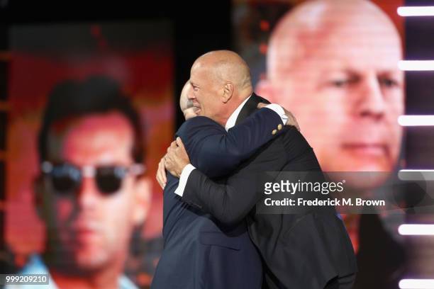 Jeff Ross and Bruce Willis speak onstage during the Comedy Central Roast of Bruce Willis at Hollywood Palladium on July 14, 2018 in Los Angeles,...