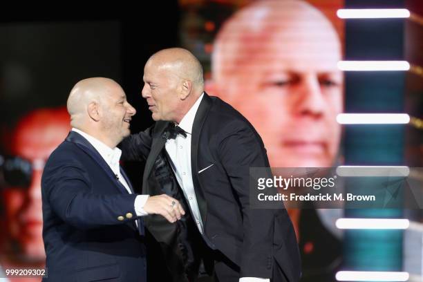 Jeff Ross and Bruce Willis speak onstage during the Comedy Central Roast of Bruce Willis at Hollywood Palladium on July 14, 2018 in Los Angeles,...
