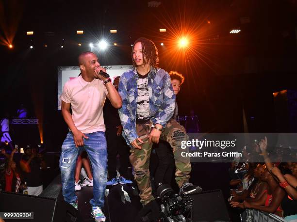 Rapper T.I. And son Domani Harris perform onstage during 2018 V-103 Car & Bike Show at Georgia World Congress Center on July 14, 2018 in Atlanta,...