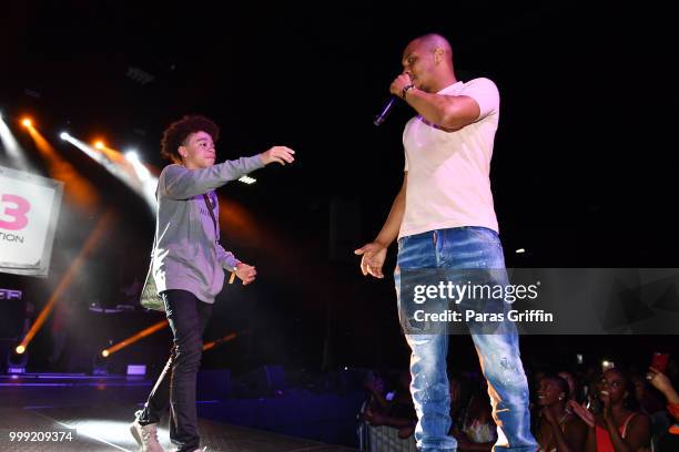 King Harris and T.I. Onstage during 2018 V-103 Car & Bike Show at Georgia World Congress Center on July 14, 2018 in Atlanta, Georgia.