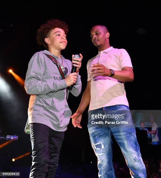 King Harris and T.I. Onstage during 2018 V-103 Car & Bike Show at Georgia World Congress Center on July 14, 2018 in Atlanta, Georgia.
