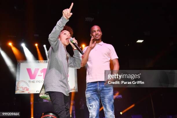 King Harris and T.I. Onstage during 2018 V-103 Car & Bike Show at Georgia World Congress Center on July 14, 2018 in Atlanta, Georgia.