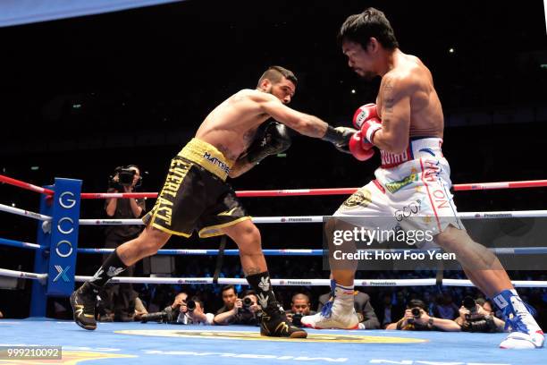 Manny Pacquiao of the Phillipines and Lucas Matthysse of Argintine on July 15, 2018 in Kuala Lumpur, Malaysia.