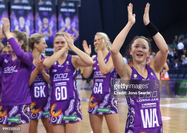 Caitlyn Nevins of the Firebirds thanks the crowd after the win during the round 11 Super Netball match between the Firebirds and the Giants at...
