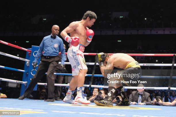 Manny Pacquiao of the Phillipines and Lucas Matthysse of Argintine in action on July 15, 2018 in Kuala Lumpur, Malaysia.