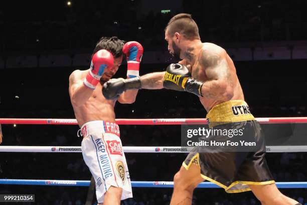 Manny Pacquiao of the Phillipines and Lucas Matthysse of Argintine in action on July 15, 2018 in Kuala Lumpur, Malaysia.