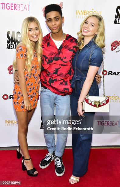 Emily Skinner, Bryce Xavier, and Lilia Buckingham attend the Sage Launch Party Co-Hosted by Tiger Beat at El Rey Theatre on July 14, 2018 in Los...