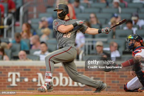 Arizona outfielder Steven Souza, Jr. Singles and drives in a run during the game between Atlanta and Arizona on July 14th, 2018 at SunTrust Park in...