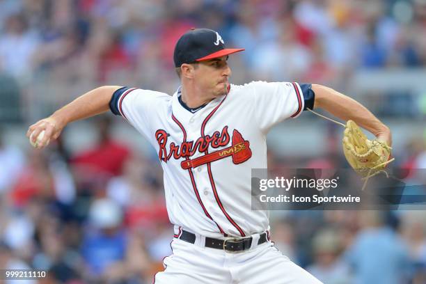Braves relief pitcher Shane Carle throws a pitch to the plate during the game between Atlanta and Arizona on July 14th, 2018 at SunTrust Park in...