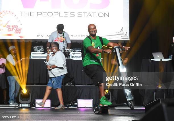 Big Tigger arrives onstage during 2018 V-103 Car & Bike Show at Georgia World Congress Center on July 14, 2018 in Atlanta, Georgia.