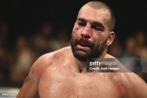Blagoy Ivanov reacts after finishing five rounds against Junior Dos Santos of Brazil in their heavyweight fight during the UFC Fight Night event...