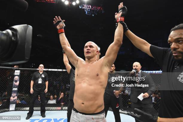 Junior Dos Santos of Brazil celebrates after defeating Blagoy Ivanov by unanimous decision after their heavyweight fight during the UFC Fight Night...