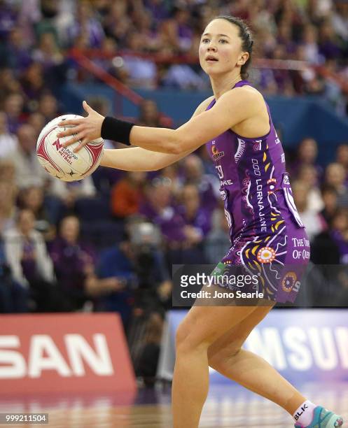 Caitlyn Nevins of the Firebirds looks to pass during the round 11 Super Netball match between the Firebirds and the Giants at Brisbane Entertainment...