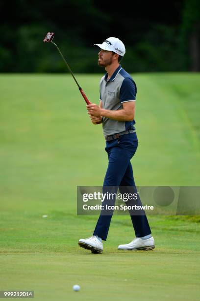 Sam Ryder reacts after a put on the 14th hole during the third round of the John Deere Classic on July 14, 2018 at the TPC Deere Run in Silvis,...