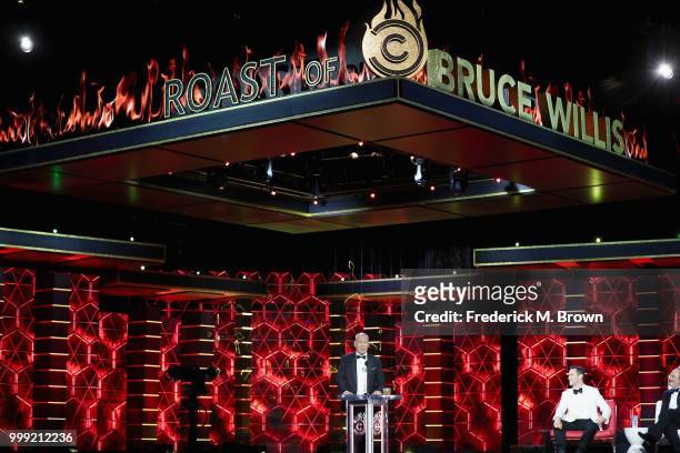Bruce Willis and Joseph Gordon-Levitt speak onstage during the Comedy Central Roast of Bruce Willis at Hollywood Palladium on July 14, 2018 in Los...