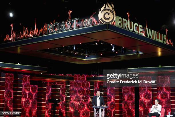 Bruce Willis and Joseph Gordon-Levitt speak onstage during the Comedy Central Roast of Bruce Willis at Hollywood Palladium on July 14, 2018 in Los...