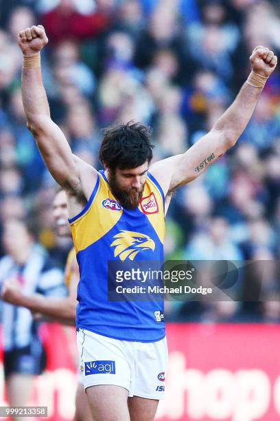 Josh Kennedy of the Eagles celebrates a goal during the round 17 AFL match between the Collingwood Magpies and the West Coast Eagles at Melbourne...
