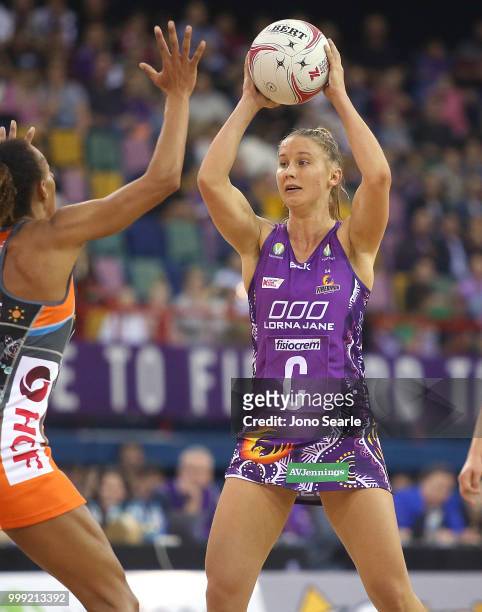 Mahalia Cassidy of the Firebirds looks to pass during the round 11 Super Netball match between the Firebirds and the Giants at Brisbane Entertainment...