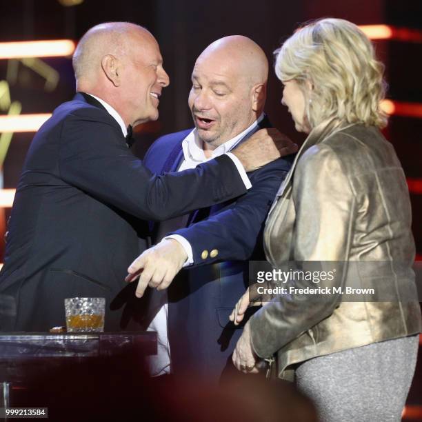 Bruce Willis, Jeff Ross, and Martha Stewart onstage during the Comedy Central Roast of Bruce Willis at Hollywood Palladium on July 14, 2018 in Los...