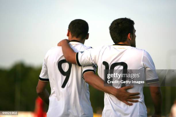 Cenk Tosun and Marcos Alvarez of Germany celebrate after scoring a goal during the U19 Championship Elite Round match between Germany and Poland at...