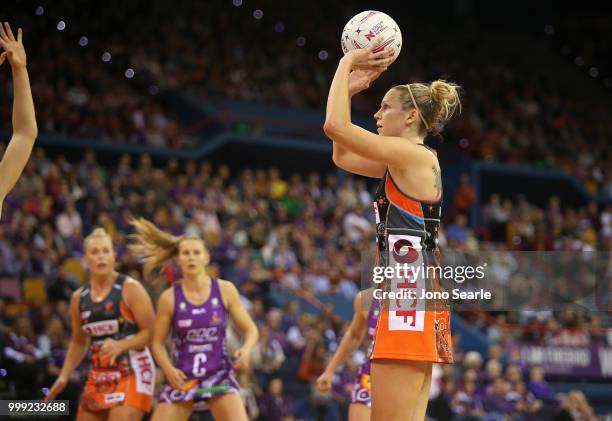 Joanne Harten looks to shoot during the round 11 Super Netball match between the Firebirds and the Giants at Brisbane Entertainment Centre on July...