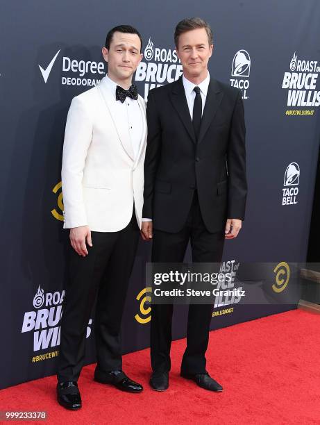 Edward Norton, Joseph Gordon-Levitt arrives at the Comedy Central Roast Of Bruce Willis on July 14, 2018 in Los Angeles, California.