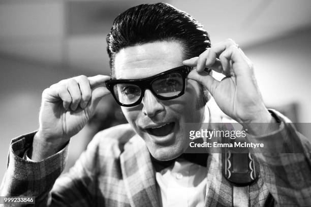 Elvis Presley impersonator Dean Z dressed as Buddy Holly attends the Las Vegas Elvis Festival at Sam's Town Hotel & Gambling Hall on July 14, 2018 in...