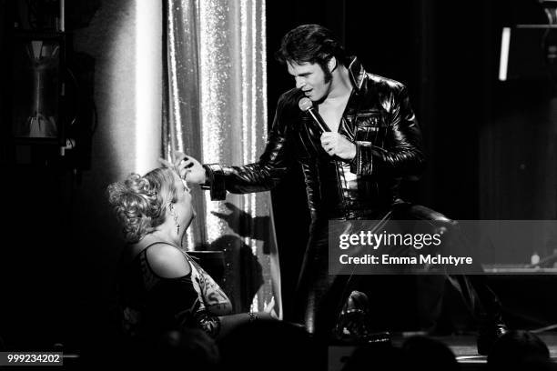 Elvis Presley tribute artist Diogo Light performs onstage at the Las Vegas Elvis Festival at Sam's Town Hotel & Gambling Hall on July 14, 2018 in Las...