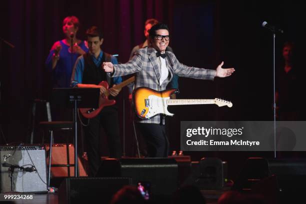Elvis Presley impersonator Dean Z performs onstage as Buddy Holly at the Las Vegas Elvis Festival at Sam's Town Hotel & Gambling Hall on July 14,...