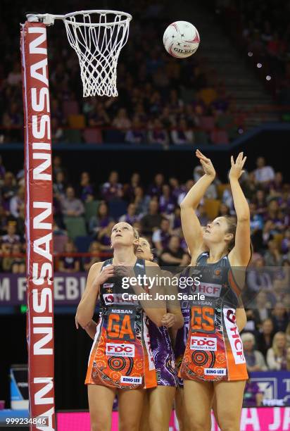 Susan Pettitt of the Giants shoots the ball during the round 11 Super Netball match between the Firebirds and the Giants at Brisbane Entertainment...