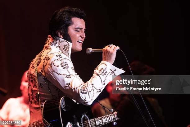 Elvis Presley tribute artist Ben Portsmouth performs onstage at the Las Vegas Elvis Festival at Sam's Town Hotel & Gambling Hall on July 14, 2018 in...