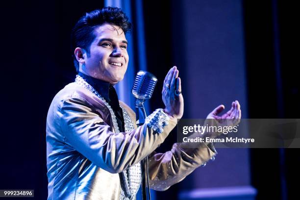 Elvis Presley tribute artist Victor Trevino Jr. Performs onstage at the Las Vegas Elvis Festival at Sam's Town Hotel & Gambling Hall on July 14, 2018...