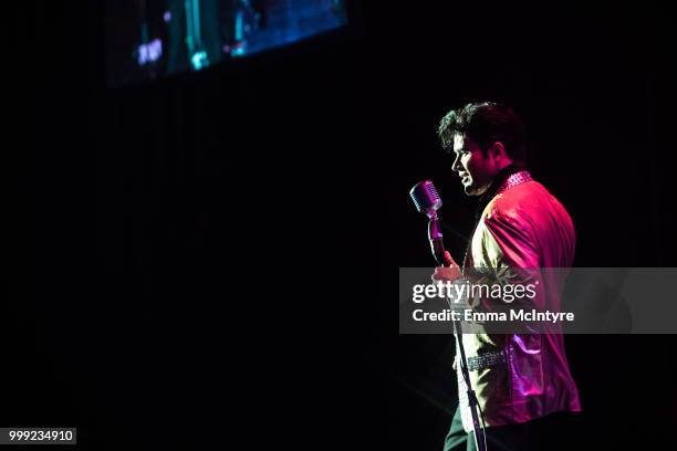 Elvis Presley tribute artist Victor Trevino Jr. Performs onstage at the Las Vegas Elvis Festival at Sam's Town Hotel & Gambling Hall on July 14, 2018...