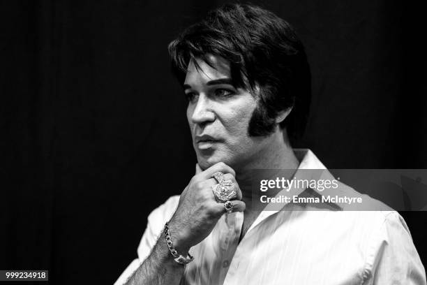 Elvis Presley tribute artist Ted Torres attends the Las Vegas Elvis Festival at Sam's Town Hotel & Gambling Hall on July 14, 2018 in Las Vegas,...