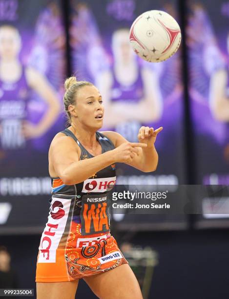 Kimberlee Green of the Giants passes the ball during the round 11 Super Netball match between the Firebirds and the Giants at Brisbane Entertainment...