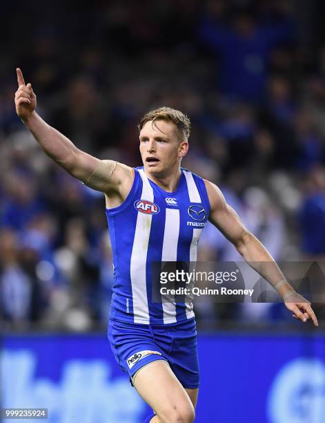 Jack Ziebell of the Kangaroos celebrates kicking a goal during the round 17 AFL match between the North Melbourne Kangaroos and the Sydney Swans at...