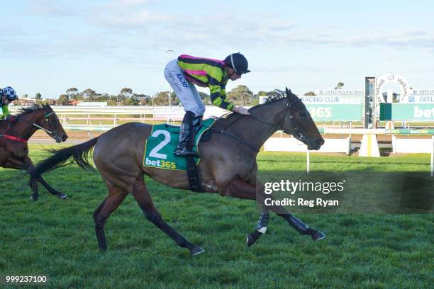 Getemhel ridden by Michael Dee wins the Barryâs Bins Fillies and Mares BM64 Handicap at Geelong Racecourse on July 15, 2018 in Geelong, Australia.