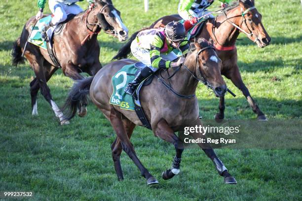 Getemhel ridden by Michael Dee wins the Barryâs Bins Fillies and Mares BM64 Handicap at Geelong Racecourse on July 15, 2018 in Geelong, Australia.