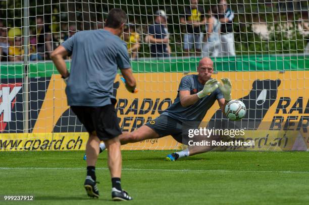 Goalkeeper John Ruddy of Wolverhampton Wanderers warms up during the Uhrencup 2018 at the Neufeld stadium on July 14, 2018 in Bern, Switzerland.