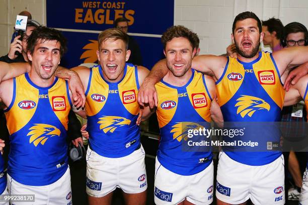 Andrew Gaff Brad Sheppard, Mark Hutchings and Jack Darling of the Eagles during the round 17 AFL match between the Collingwood Magpies and the West...