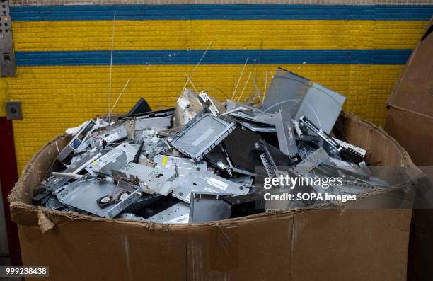 Discarded and recyclable computer parts, also called e-waste, at an industrial building in Hong Kong.