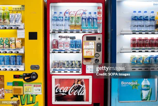 Beverage and soda vending machine at an industrial building in Hong Kong.