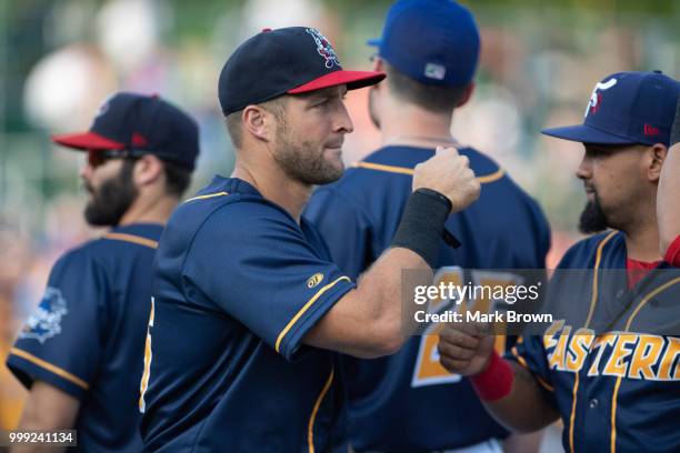 Tim Tebow of the Eastern Division All-Stars in action during the 2018 Eastern League All Star Game at Arm & Hammer Park on July 11, 2018 in Trenton,...