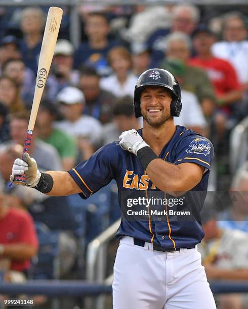 Tim Tebow of the Eastern Division All-Stars in action during the 2018 Eastern League All Star Game at Arm & Hammer Park on July 11, 2018 in Trenton,...