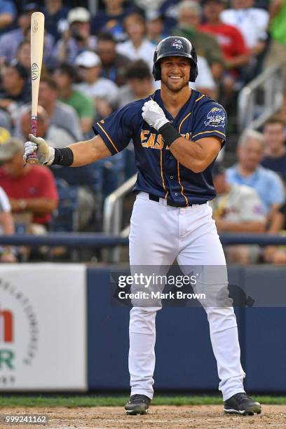 Tim Tebow of the Eastern Division All-Stars in action during the 2018 Eastern League All Star Game at Arm & Hammer Park on July 11, 2018 in Trenton,...