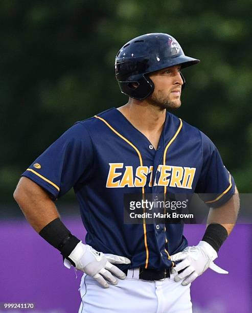 Tim Tebow of the Eastern Division All-Stars in action during the 2018 Eastern League All Star Game at Arm & Hammer Park on July 11, 2018 in Trenton,...