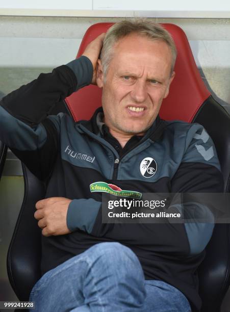 Freiburg's manager Christian Streich ahead of the German Bundesliga soccer match between SC Freiburg and Eintracht Frankfurt in the Black Forest...