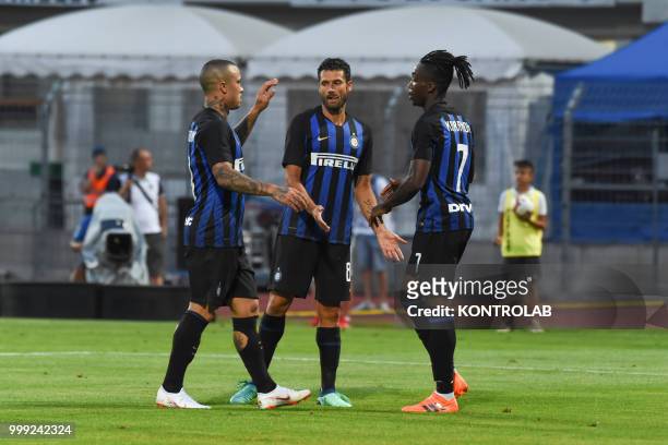 Inter players celebrate after the goal during match 110 Summer Cup from FC Lugano and FC Internazionale Milano . Fc Internazionale won 3-0.