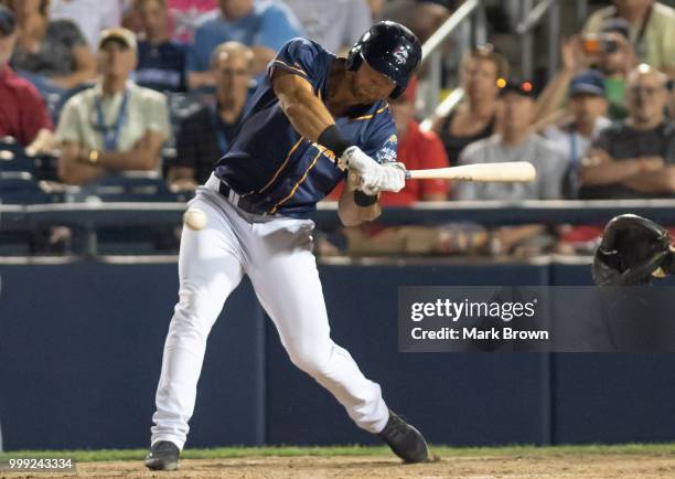 Tim Tebow of the Eastern Division All-Stars in action during the 2018 Eastern League All Star Game at Arm & Hammer Park on July 11, 2018 in Trenton,...