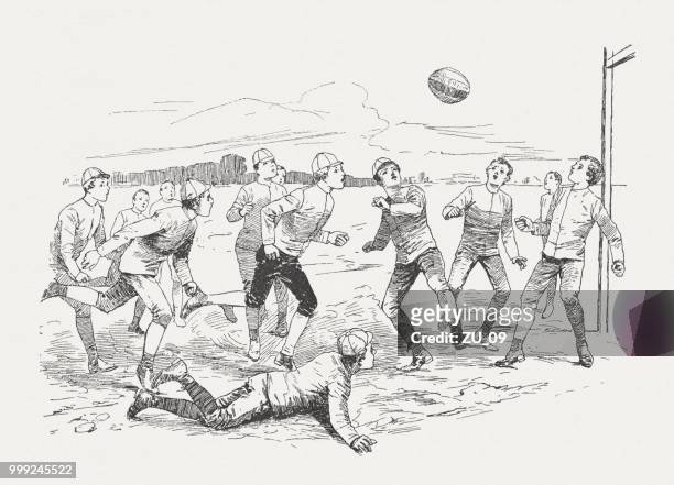 ilustraciones, imágenes clip art, dibujos animados e iconos de stock de -match de rugby, de "días de escuela de tom brown" (1857), publicado alrededor de 1895 - rugby ball